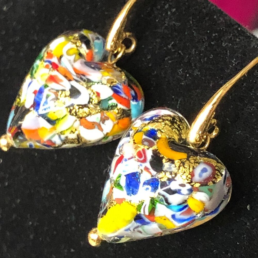 Bronze Italy Dynadema Murano Glass Puffy Heart Earrings   #1255 - Picture 4 of 5